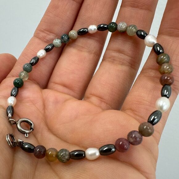 Multicolor Natural Gemstones Bead Onyx, Pearl Bracelet Size 7.5 - Picture 4 of 6